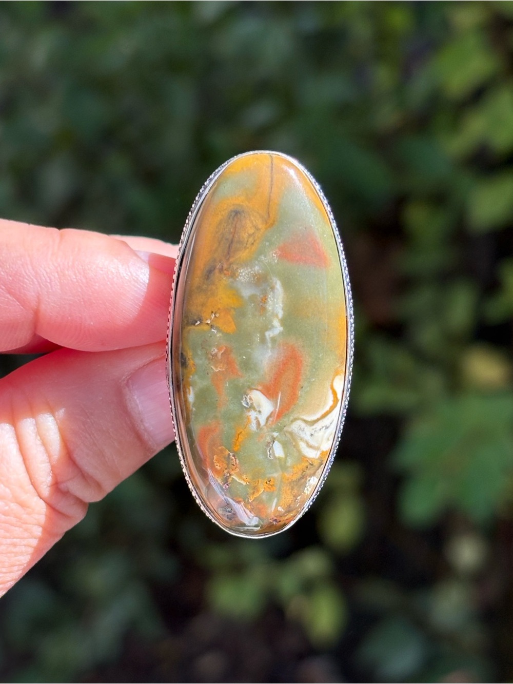 Handcrafted Moss Agate Statement Ring in Green and Orange